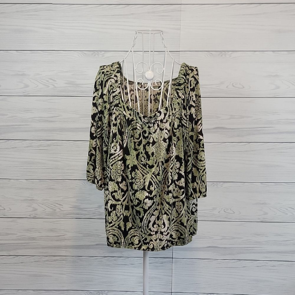 Claudia Richard Black and Olive Green Paisley Top Womens Size L